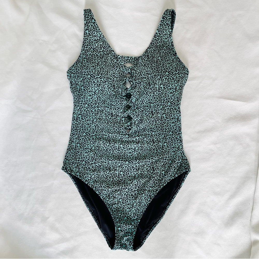 Bleu Rod Beattie lace down one piece swimsuit mint animal print size 8